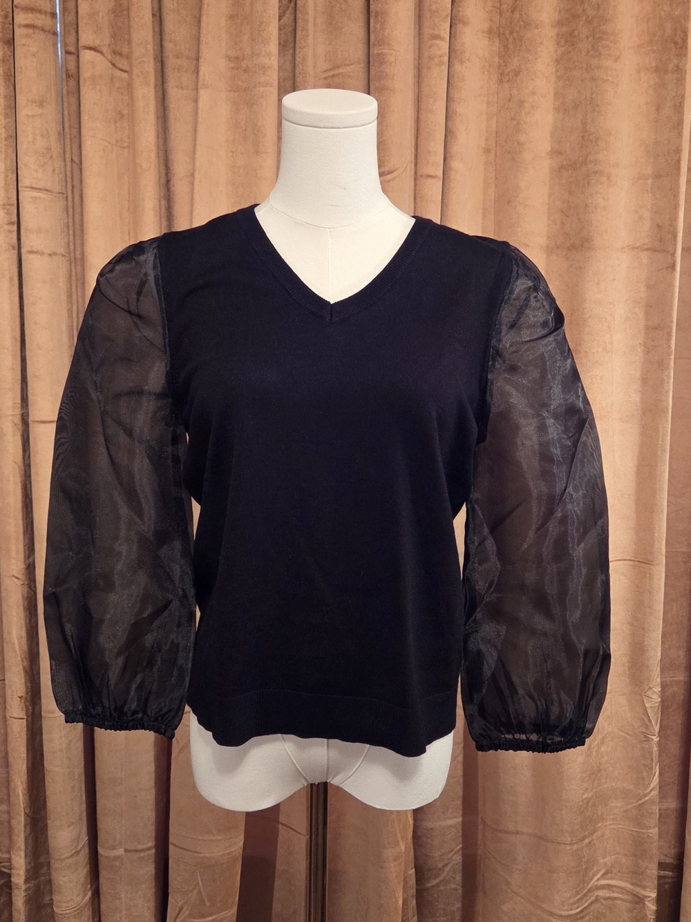 Adrianna Papell Black V-Neck Sweater with Sheer Balloon Sleeves. $89